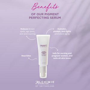 Pigment Perfecting Serum | Alchimie Forever in a white tube on a lavender background with text highlighting benefits such as reducing brown spots, hydrating, and suitability for all skin tones.