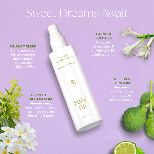 Pillow Mist | Pure Fiji bottle on a lavender background surrounded by white moonflower blooms, tuberose, and bergamot fruit, promoting relaxation, tension relief, and quality sleep.