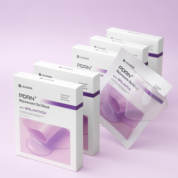 PDRN+ Rejuvenate Gel Mask | Leaders packaging displayed with a focus on the purple gel mask inside, highlighting skincare and rejuvenation benefits.