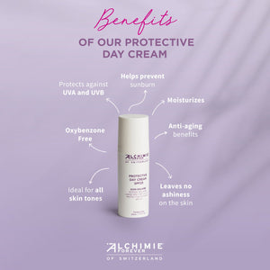 Bottle of Protective Day Cream SPF 23 | Alchimie Forever on a lavender background with benefits highlighted including sunburn prevention, moisturizing, anti-aging, UVA and UVB protection, no ashiness, oxybenzone-free, and suitability for all skin tones