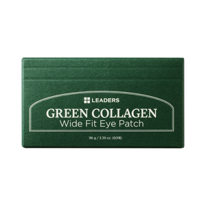 Green Collagen Wide Fit Eye Patch | Leaders skincare product packaging in dark green with white text for enhanced under-eye care and wellness.