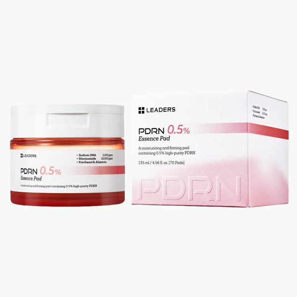 PDRN 0.5% Essence Pad | Leaders featuring a moisturizing and firming skincare product in an orange jar with white lid next to its white and pink gradient box packaging.