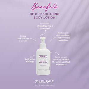 Bottle of Soothing Body Lotion | Alchimie Forever on a lavender background with text highlighting benefits including nourishing without greasy feel, calming irritation, anti-aging, rich emollients, and youth-enhancing green tea and rosemary.