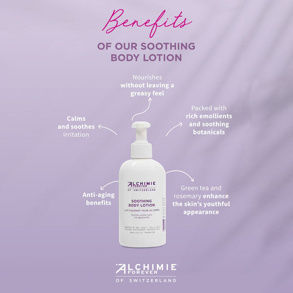 Bottle of Soothing Body Lotion | Alchimie Forever on a lavender background with text highlighting benefits including nourishing without greasy feel, calming irritation, anti-aging, rich emollients, and youth-enhancing green tea and rosemary.