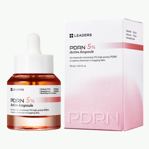 PDRN 5% Active Ampoule | Leaders skincare serum bottle and box packaging promoting skin elasticity restoration with high-purity PDRN ingredient.
