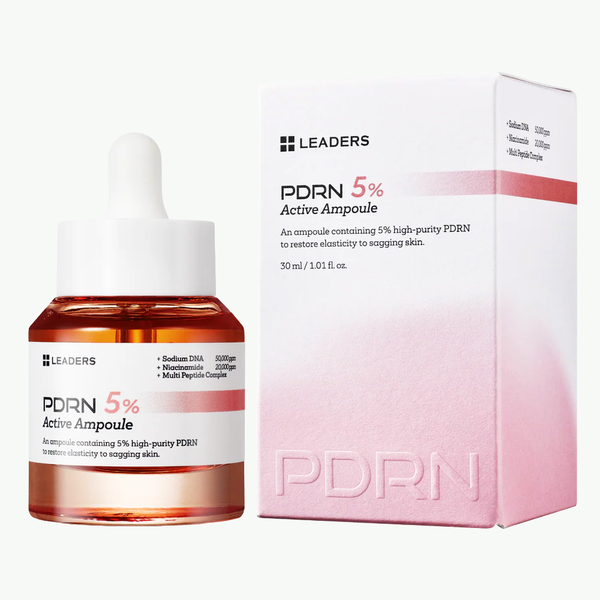 PDRN 5% Active Ampoule | Leaders skincare serum bottle and box packaging promoting skin elasticity restoration with high-purity PDRN ingredient.