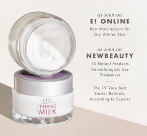Open jar of creamy white moisturizer with "THREE MILK" on label next to text featuring skincare endorsements, representing Silky, Milky & Most Loved Naked Nourishment Set | Farmhouse Fresh