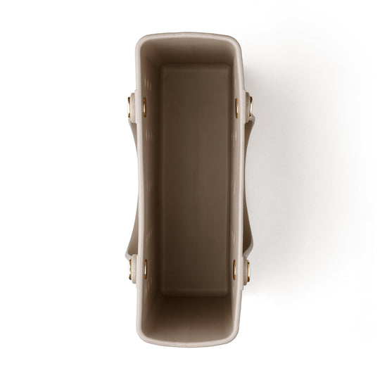 Top-down view of an empty beige Tori Everywhere Tote Bag | Oka-B showing its spacious interior and smooth material finish.