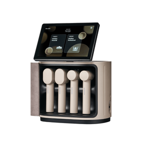 Modern wellness device with touchscreen display and four beige handheld attachments in a sleek compact unit, designed for skincare and body care by MediSpa Pro | Ceragem.