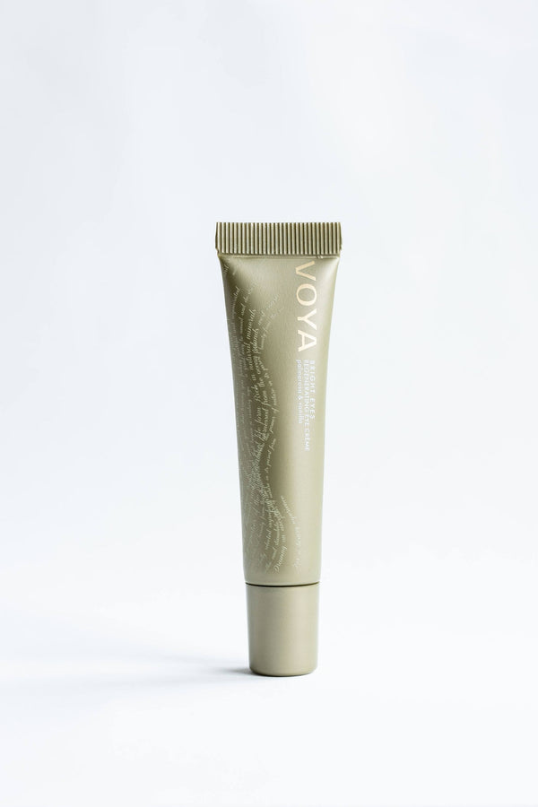 Bright Eyes Regenerating Eye Cream | VOYA in a sleek olive-green tube, designed for skincare focused on eye area rejuvenation and hydration.