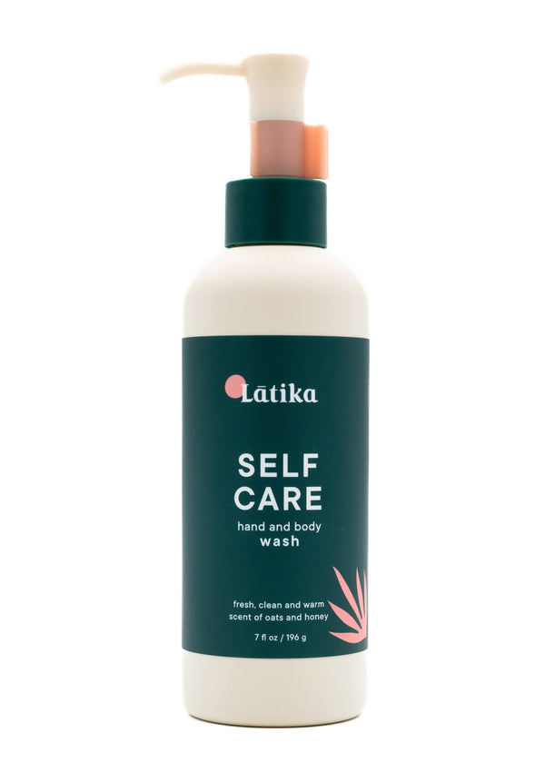 Bottle of Hand & Body Wash | Latika with a green label featuring the words "Self Care" and a subtle pink design, emphasizing fresh skincare for hands and body.