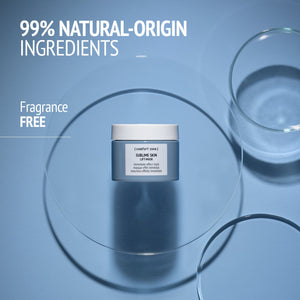 Jar of Sublime Lift-Mask | [ comfort zone ] displayed on a clear glass dish against a blue background with text highlighting 99% natural-origin ingredients and fragrance-free skincare.