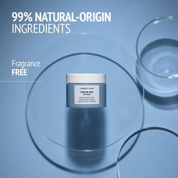 Sublime Skin Mask | [ comfort zone ] jar displayed on a blue surface with glass petri dishes, highlighting 99% natural-origin ingredients and fragrance-free skincare benefits.