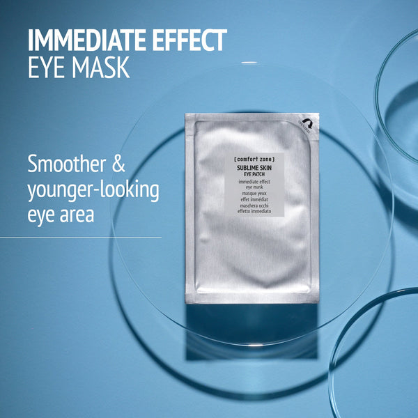 Kit Italian Garden | [ comfort zone ] immediate effect eye mask sachet on a blue background with text highlighting smoother and younger-looking eye area benefits for skincare and wellness.