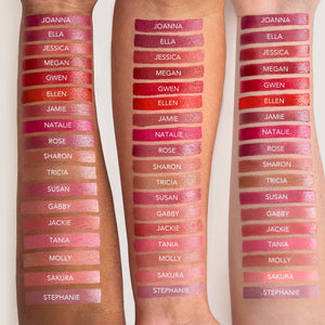 Swatches of Triple Luxe Long Lasting Naturally Moist Lipstick | Jane Iredale in various shades displayed on three different skin tones, showcasing a range of rich and natural lip colors.