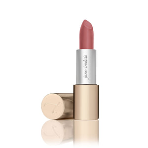 Lipstick in a muted rose shade with a gold and silver case, displayed alongside its cap, showcasing Triple Luxe Long Lasting Naturally Moist Lipstick | Jane Iredale.