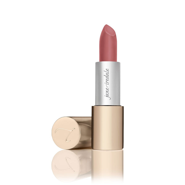 Lipstick in a muted rose shade with a gold and silver case, displayed alongside its cap, showcasing Triple Luxe Long Lasting Naturally Moist Lipstick | Jane Iredale.