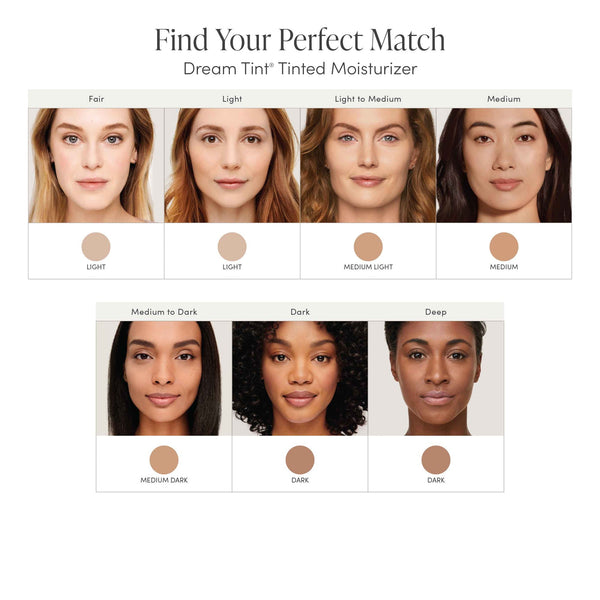 Swatches showing diverse women with different skin tones labeled fair, light, light to medium, medium, medium to dark, dark, and deep for Dream Tine Tinted Moisturizer SPF 15 | Jane Iredale shade selection.