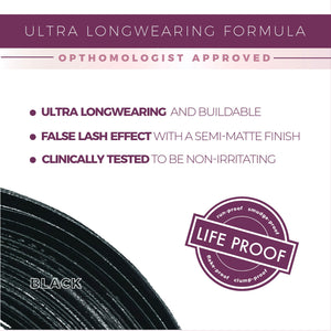 Close-up of UltraVolume Tubing Mascara - Black | Blinc packaging highlighting ultra longwearing, buildable formula with false lash effect, semi-matte finish, and life-proof features.