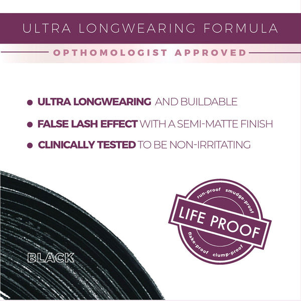 Close-up of UltraVolume Tubing Mascara - Black | Blinc packaging highlighting ultra longwearing, buildable formula with false lash effect, semi-matte finish, and life-proof features.