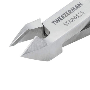 Close-up view of stainless steel Rockhard Cuticle Nipper | Tweezerman with sharp, precise curved blades designed for skincare and body care nail grooming.