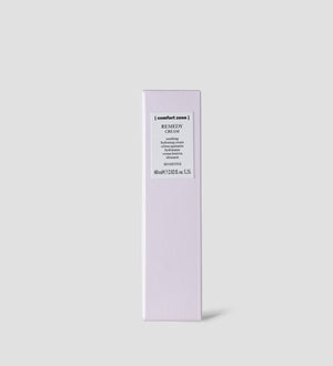 Minimalist packaging of Remedy Cream | [ comfort zone ] in a soft lavender box designed for sensitive skin skincare and hydration.