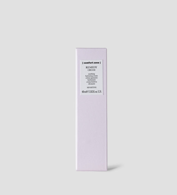 Minimalist packaging of Remedy Cream | [ comfort zone ] in a soft lavender box designed for sensitive skin skincare and hydration.