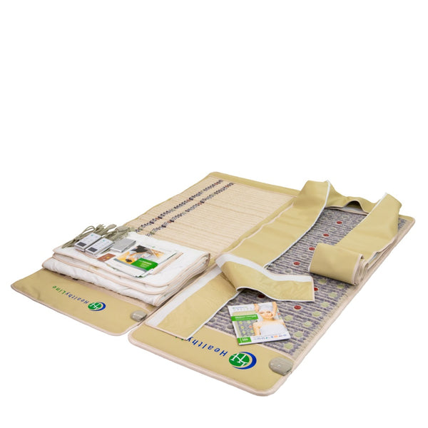 TAJ-Mat™ Full 7224 Firm - Photon PEMF InfraMat Pro® | HealthyLine wellness device shown with accessories on a beige mat designed for body care and recovery.