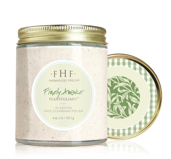 Finely Awake Plantfoliant Silkening Face Cleansing Polish | Farmhouse Fresh in a clear jar with gold lid, featuring natural skincare product for gentle exfoliation and cleansing.