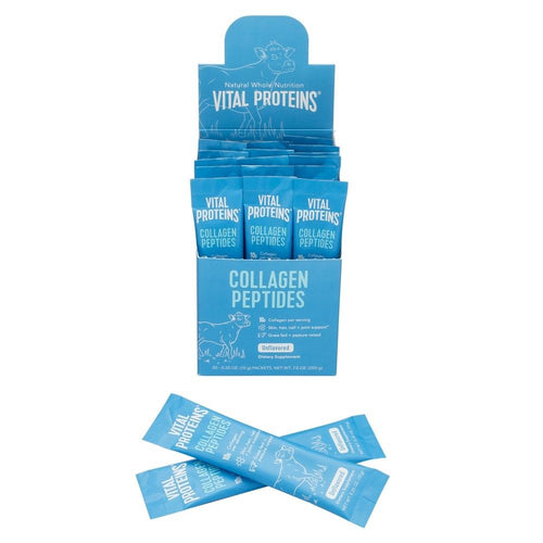Display box of Collagen Peptides - Unflavored | Vital Proteins single-serve packets in light blue packaging, promoting wellness supplements for skin and body care.