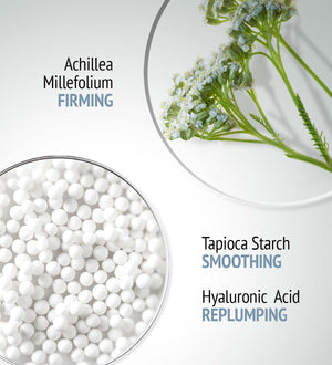 Close-up of Achillea Millefolium flowers and tapioca starch pearls, highlighting firming, smoothing, and replumping skincare benefits in Sublime Skin Lift & Firm Ampoules | [ comfort zone ].