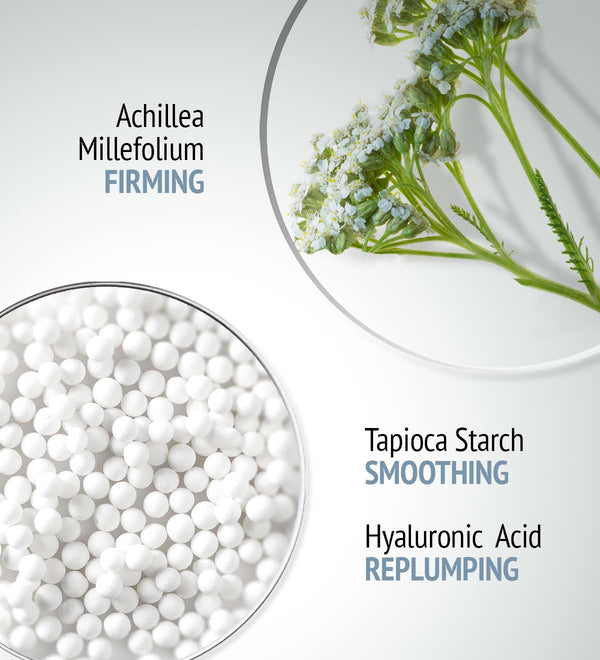 Close-up of Achillea Millefolium flowers and tapioca starch pearls, highlighting firming, smoothing, and replumping skincare benefits in Sublime Skin Lift & Firm Ampoules | [ comfort zone ].