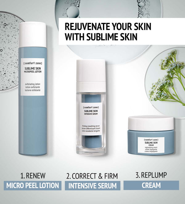 Sublime Skin Lift & Firm Ampoules | [ comfort zone ] skincare products including micro peel lotion, intensive serum, and cream displayed with natural botanical elements promoting skin renewal, correction, firming, and replumping.