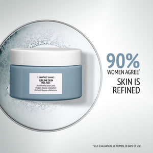 Jar of Sublime Skin Peel Pads | [ comfort zone ] displayed on a clear surface with water droplets, next to text highlighting 90% of women agree skin is refined after use.