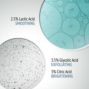Close-up of two textured liquid bubbles highlighting key skincare ingredients: 2.5% lactic acid for smoothing, 3.5% glycolic acid for exfoliating, and 3% citric acid for brightening, related to Sublime Skin Peel Pads | [ comfort zone ].