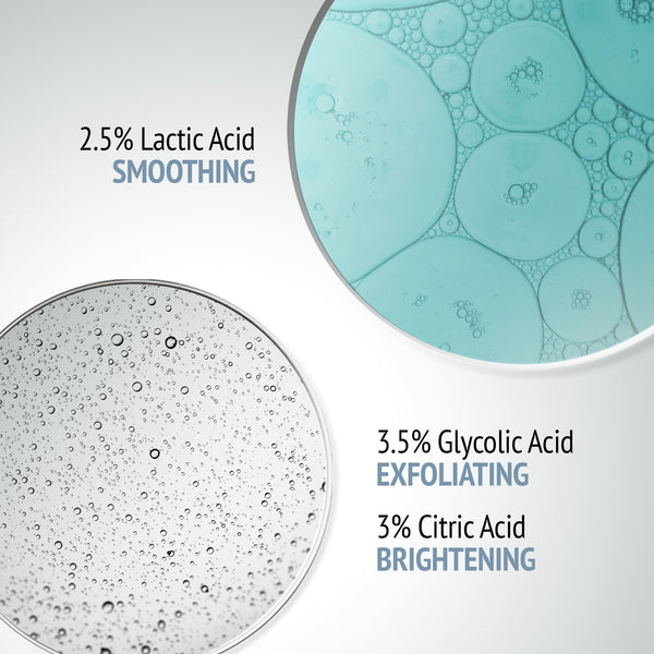 Close-up of two textured liquid bubbles highlighting key skincare ingredients: 2.5% lactic acid for smoothing, 3.5% glycolic acid for exfoliating, and 3% citric acid for brightening, related to Sublime Skin Peel Pads | [ comfort zone ].