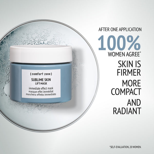 Jar of Sublime Lift-Mask | [ comfort zone ] blue skincare product on a glass surface with text highlighting that 100% of women agree skin is firmer, more compact, and radiant after one application.