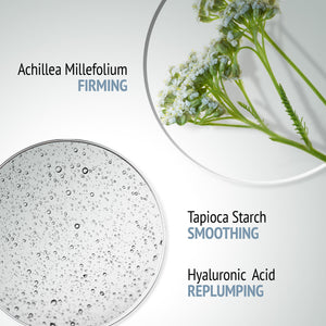 Close-up of two clear petri dishes showing Achillea Millefolium flowers for firming and a gel texture representing tapioca starch for smoothing and hyaluronic acid for replumping in Sublime Lift-Mask | [ comfort zone ] skincare product.