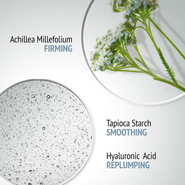 Close-up of two clear petri dishes showing Achillea Millefolium flowers for firming and a gel texture representing tapioca starch for smoothing and hyaluronic acid for replumping in Sublime Lift-Mask | [ comfort zone ] skincare product.