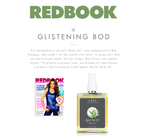 Agave Nectar Ageless Body Oil | Farmhouse Fresh featured in Redbook, promoting a radiant, moisturized glow with a non-greasy formula praised by makeup artists for skincare and body care.