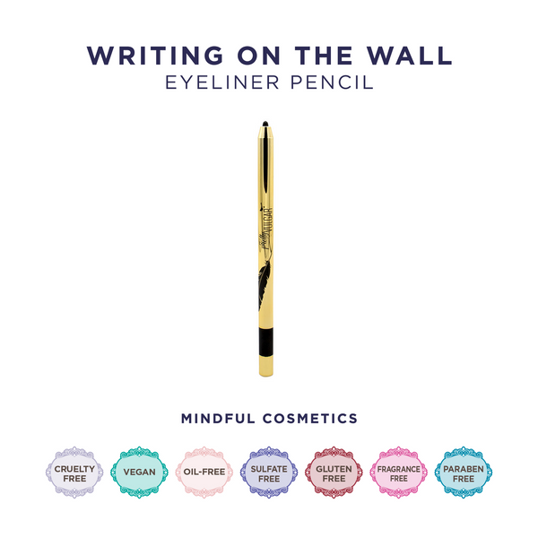 Writing on the Wall Eyeliner Pencil | Pretty Vulgar in gold with black accents, featuring cruelty-free, vegan, oil-free, sulfate-free, gluten-free, fragrance-free, and paraben-free labels.