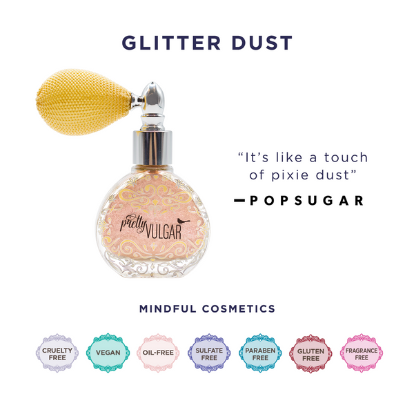 Glitter Dust | Pretty Vulgar cosmetic perfume bottle with vintage-style atomizer and mindful cosmetic benefits including cruelty free, vegan, oil-free, sulfate free, paraben free, gluten free, and fragrance free.