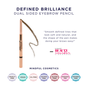 Defined Brilliance Dual Sided Eyebrow Pencil | Pretty Vulgar with a soft brown shade, featuring dual tips for natural, smooth, and easy eyebrow definition, alongside cruelty-free and vegan labels.