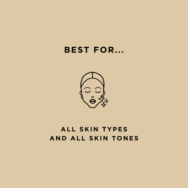Illustration with text stating "Best for all skin types and all skin tones" alongside a simple icon of a face with sparkling highlights promoting The Ink Gel Eyeliner | Pretty Vulgar.