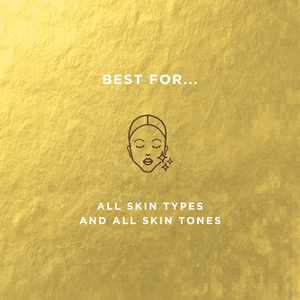 Gold textured background with text stating "Best for all skin types and all skin tones" and a simple line drawing of a face with closed eyes and sparkling stars, representing the Writing on the Wall Eyeliner Pencil | Pretty Vulgar.