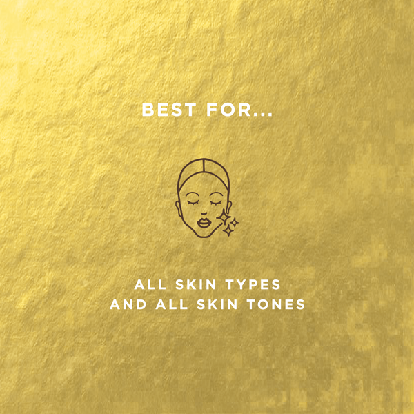 Gold textured background with text stating "Best for all skin types and all skin tones" and a simple line drawing of a face with closed eyes and sparkling stars, representing the Writing on the Wall Eyeliner Pencil | Pretty Vulgar.