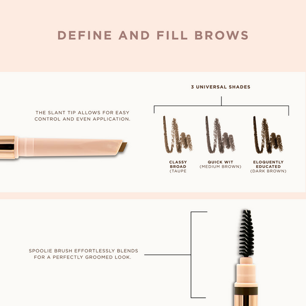Defined Brilliance Dual Sided Eyebrow Pencil | Pretty Vulgar showing three universal shades in taupe, medium brown, and dark brown, with a slant tip for easy application and a spoolie brush for blending.