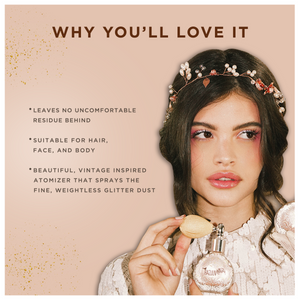 Young woman with vintage-inspired atomizer applying Glitter Dust | Pretty Vulgar, suitable for hair, face, and body, leaving no uncomfortable residue behind.