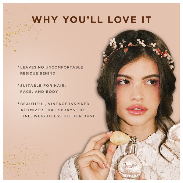 Young woman with vintage-inspired atomizer applying Glitter Dust | Pretty Vulgar, suitable for hair, face, and body, leaving no uncomfortable residue behind.