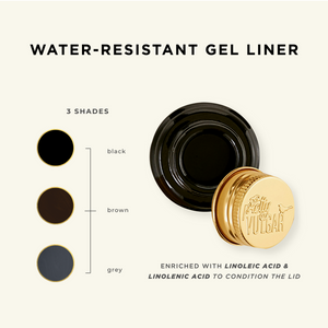 Open pot of The Ink Gel Eyeliner | Pretty Vulgar with gold lid next to color swatches in black, brown, and grey, highlighting water-resistant formula enriched with linoleic acid and linolenic acid.